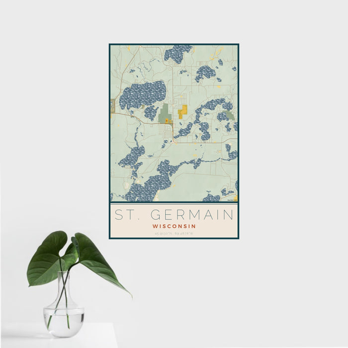 16x24 St. Germain Wisconsin Map Print Portrait Orientation in Woodblock Style With Tropical Plant Leaves in Water