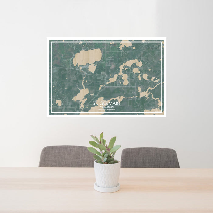 24x36 St. Germain Wisconsin Map Print Lanscape Orientation in Afternoon Style Behind 2 Chairs Table and Potted Plant