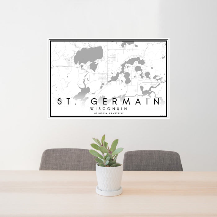 24x36 St. Germain Wisconsin Map Print Lanscape Orientation in Classic Style Behind 2 Chairs Table and Potted Plant