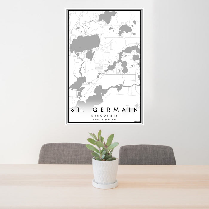 24x36 St. Germain Wisconsin Map Print Portrait Orientation in Classic Style Behind 2 Chairs Table and Potted Plant