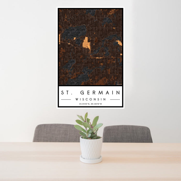 24x36 St. Germain Wisconsin Map Print Portrait Orientation in Ember Style Behind 2 Chairs Table and Potted Plant