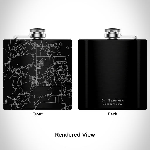 Rendered View of St. Germain Wisconsin Map Engraving on 6oz Stainless Steel Flask in Black