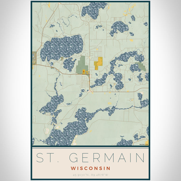 St. Germain Wisconsin Map Print Portrait Orientation in Woodblock Style With Shaded Background