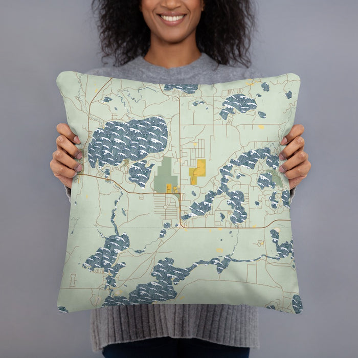 Person holding 18x18 Custom St. Germain Wisconsin Map Throw Pillow in Woodblock