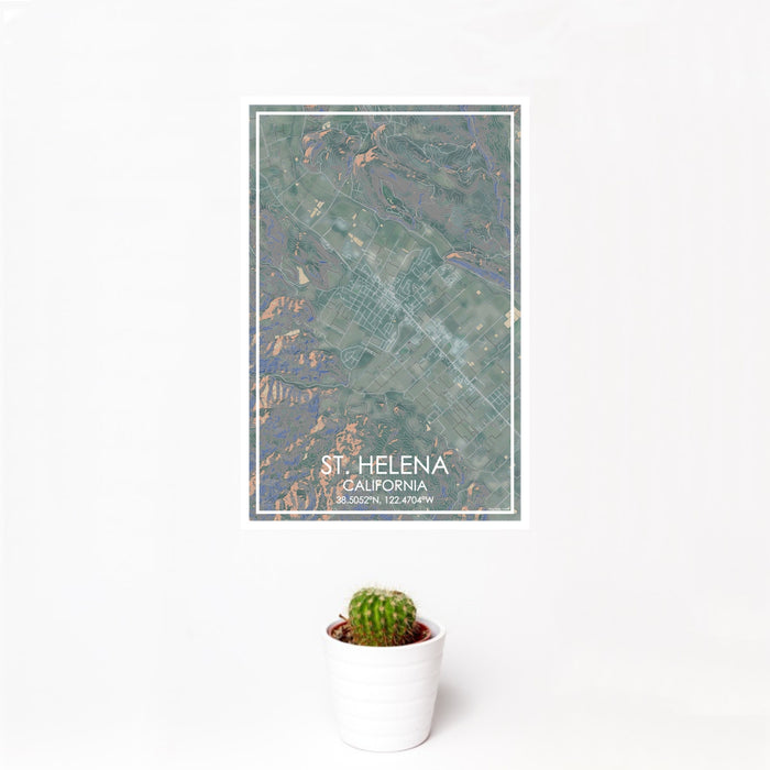 12x18 St. Helena California Map Print Portrait Orientation in Afternoon Style With Small Cactus Plant in White Planter