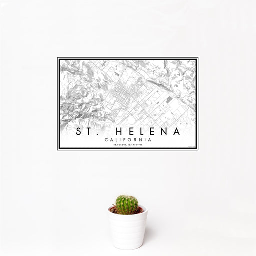 12x18 St. Helena California Map Print Landscape Orientation in Classic Style With Small Cactus Plant in White Planter