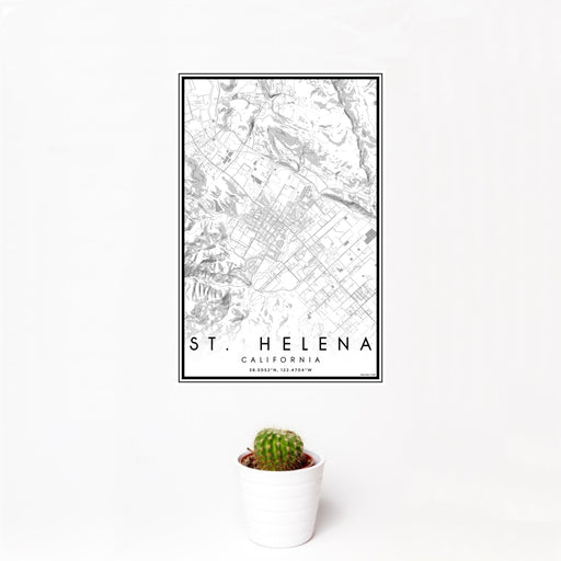 12x18 St. Helena California Map Print Portrait Orientation in Classic Style With Small Cactus Plant in White Planter