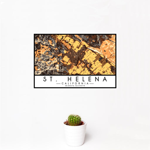 12x18 St. Helena California Map Print Landscape Orientation in Ember Style With Small Cactus Plant in White Planter