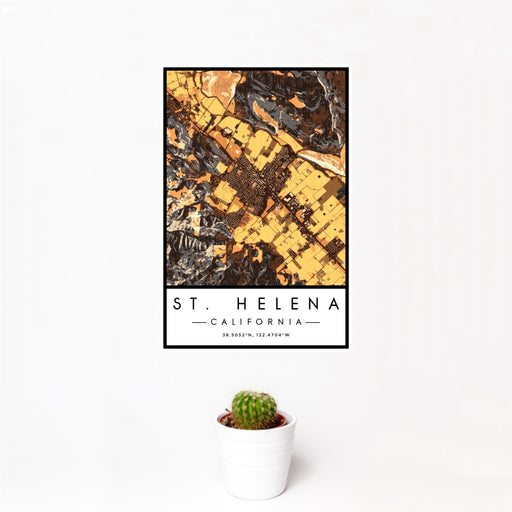 12x18 St. Helena California Map Print Portrait Orientation in Ember Style With Small Cactus Plant in White Planter