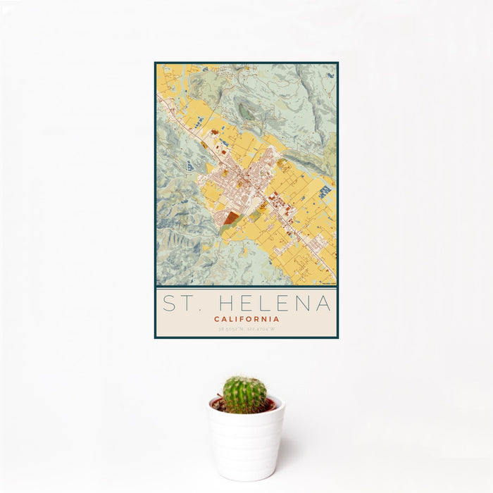 12x18 St. Helena California Map Print Portrait Orientation in Woodblock Style With Small Cactus Plant in White Planter