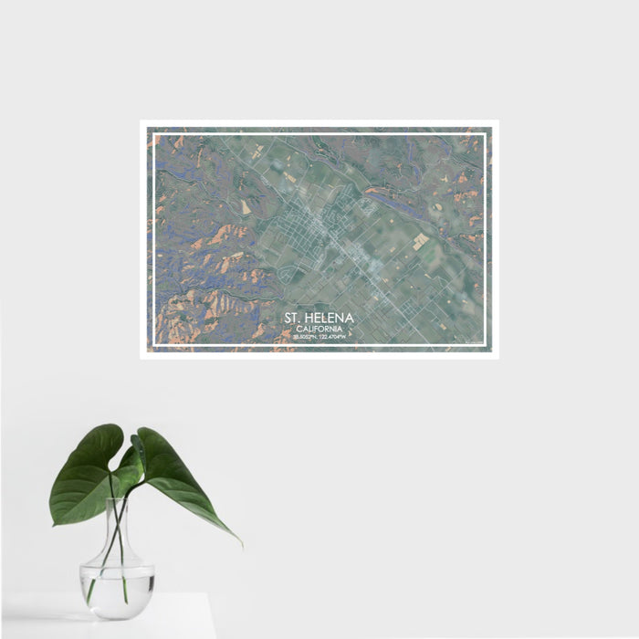 16x24 St. Helena California Map Print Landscape Orientation in Afternoon Style With Tropical Plant Leaves in Water