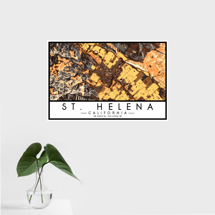 16x24 St. Helena California Map Print Landscape Orientation in Ember Style With Tropical Plant Leaves in Water