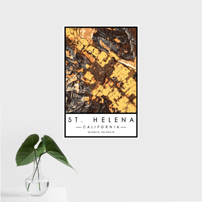 16x24 St. Helena California Map Print Portrait Orientation in Ember Style With Tropical Plant Leaves in Water