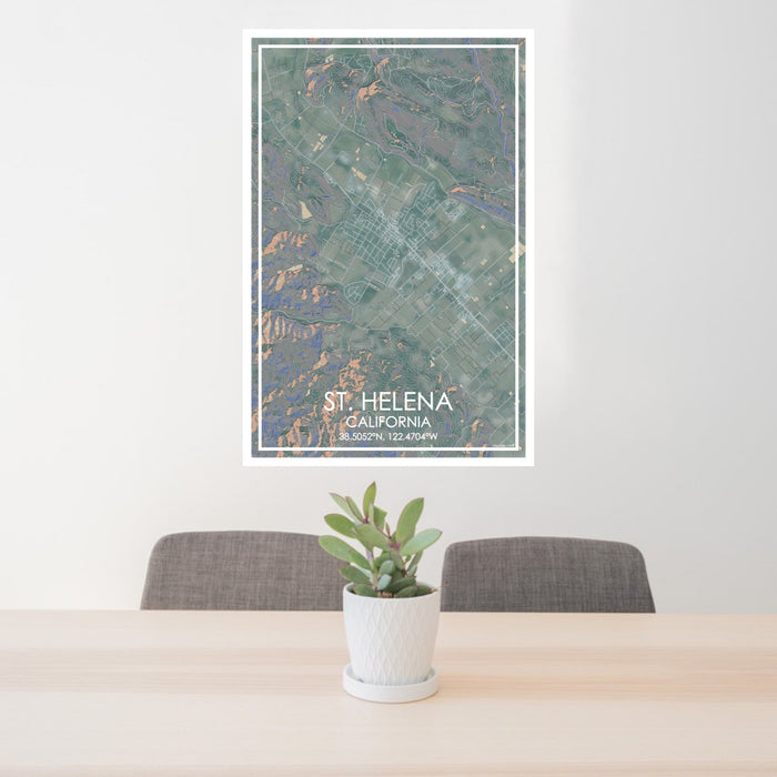 24x36 St. Helena California Map Print Portrait Orientation in Afternoon Style Behind 2 Chairs Table and Potted Plant