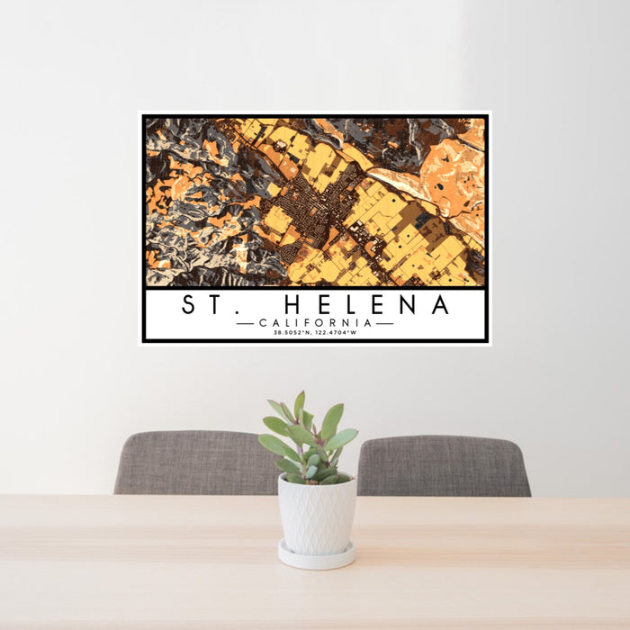 24x36 St. Helena California Map Print Lanscape Orientation in Ember Style Behind 2 Chairs Table and Potted Plant