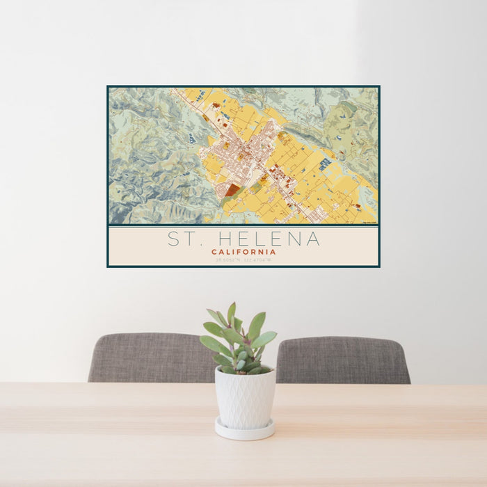 24x36 St. Helena California Map Print Lanscape Orientation in Woodblock Style Behind 2 Chairs Table and Potted Plant
