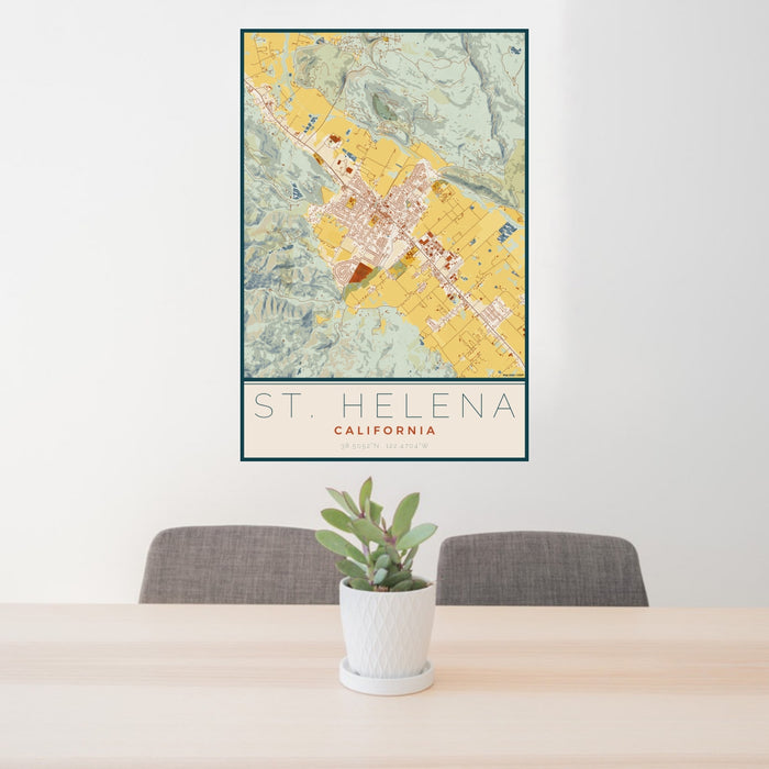 24x36 St. Helena California Map Print Portrait Orientation in Woodblock Style Behind 2 Chairs Table and Potted Plant