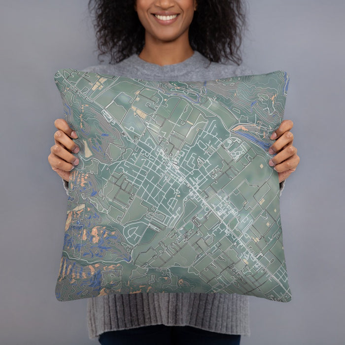 Person holding 18x18 Custom St. Helena California Map Throw Pillow in Afternoon
