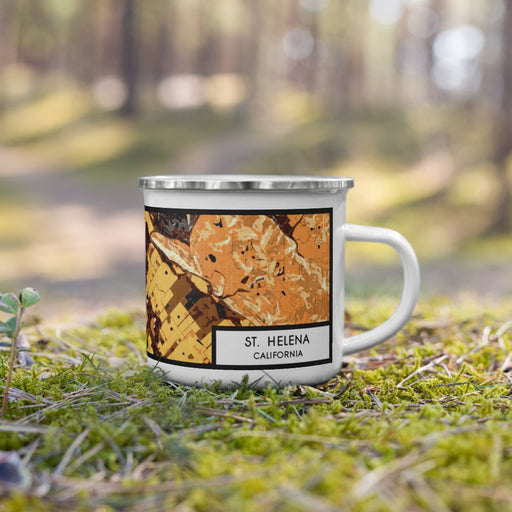 Right View Custom St. Helena California Map Enamel Mug in Ember on Grass With Trees in Background