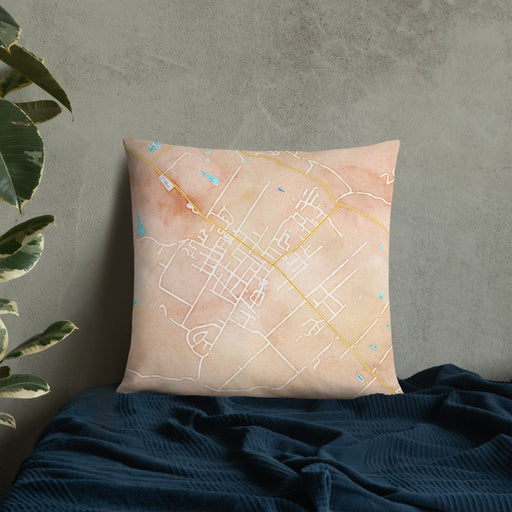 Custom St. Helena California Map Throw Pillow in Watercolor on Bedding Against Wall