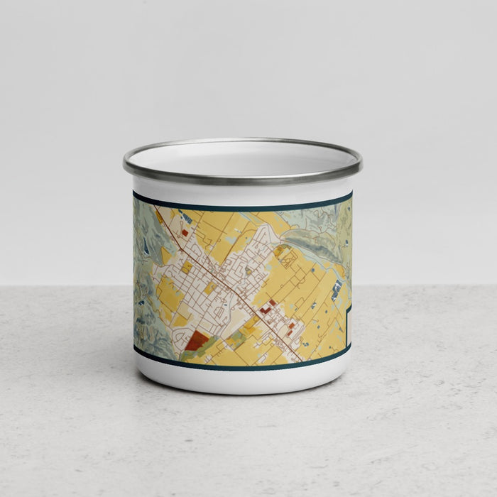 Front View Custom St. Helena California Map Enamel Mug in Woodblock