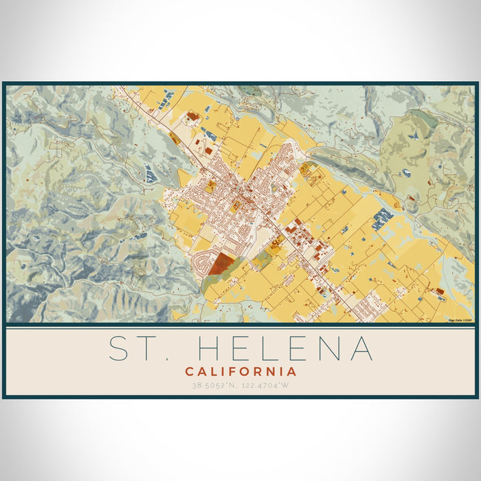 St. Helena California Map Print Landscape Orientation in Woodblock Style With Shaded Background