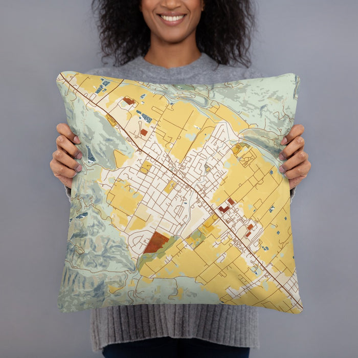 Person holding 18x18 Custom St. Helena California Map Throw Pillow in Woodblock