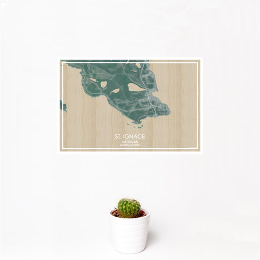 12x18 St. Ignace Michigan Map Print Landscape Orientation in Afternoon Style With Small Cactus Plant in White Planter