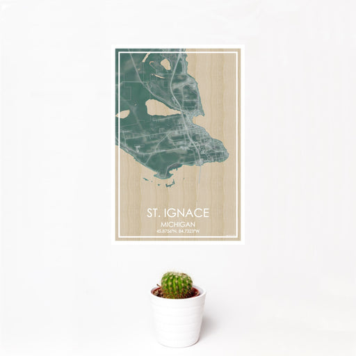 12x18 St. Ignace Michigan Map Print Portrait Orientation in Afternoon Style With Small Cactus Plant in White Planter