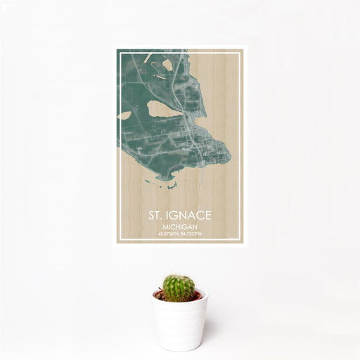 12x18 St. Ignace Michigan Map Print Portrait Orientation in Afternoon Style With Small Cactus Plant in White Planter