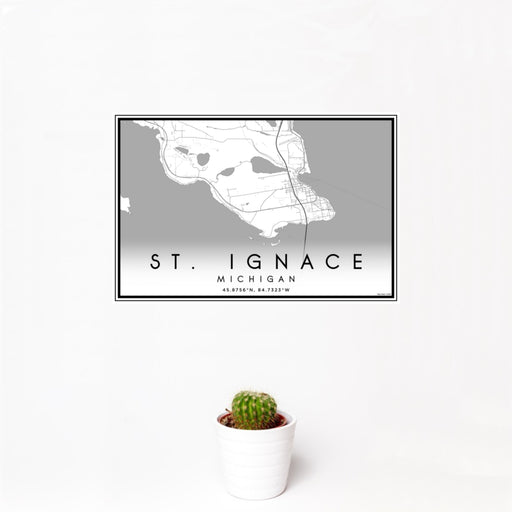 12x18 St. Ignace Michigan Map Print Landscape Orientation in Classic Style With Small Cactus Plant in White Planter
