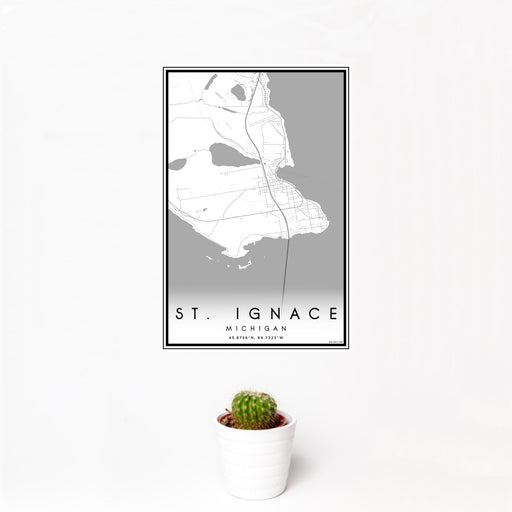 12x18 St. Ignace Michigan Map Print Portrait Orientation in Classic Style With Small Cactus Plant in White Planter