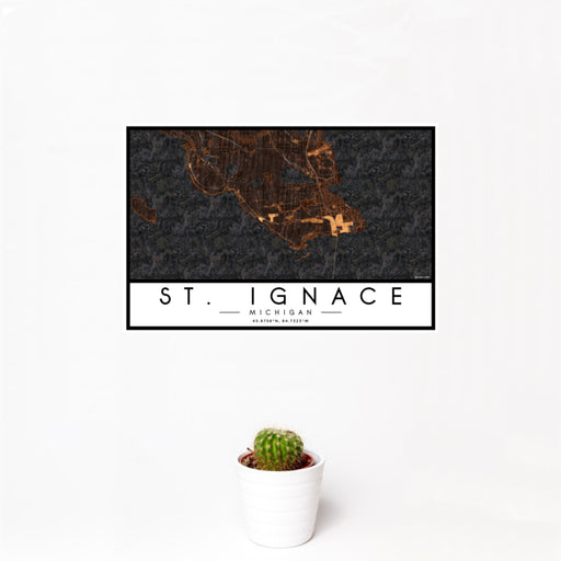 12x18 St. Ignace Michigan Map Print Landscape Orientation in Ember Style With Small Cactus Plant in White Planter