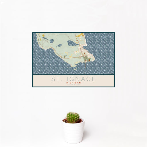 12x18 St. Ignace Michigan Map Print Landscape Orientation in Woodblock Style With Small Cactus Plant in White Planter