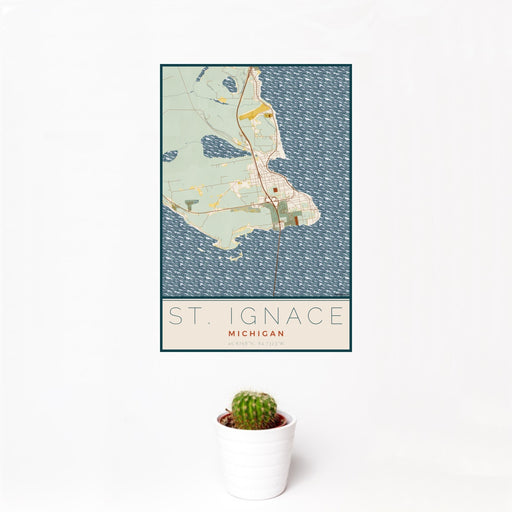 12x18 St. Ignace Michigan Map Print Portrait Orientation in Woodblock Style With Small Cactus Plant in White Planter