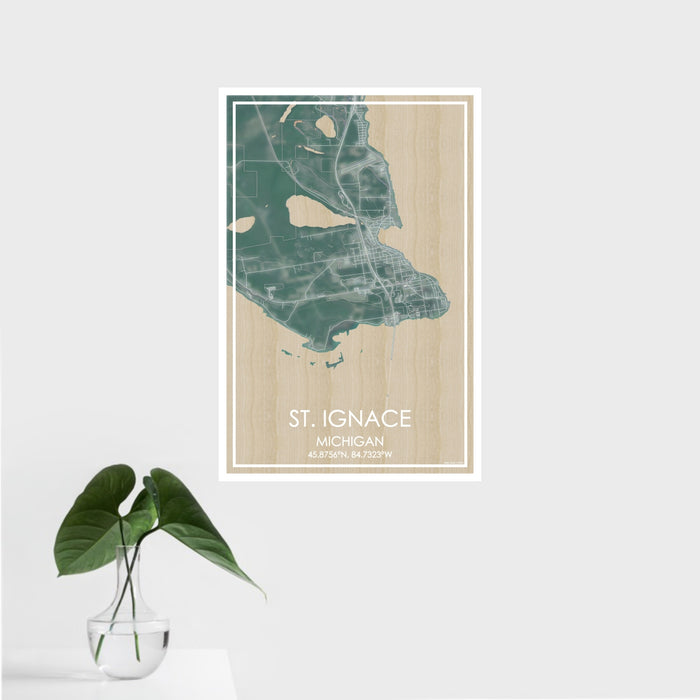 16x24 St. Ignace Michigan Map Print Portrait Orientation in Afternoon Style With Tropical Plant Leaves in Water