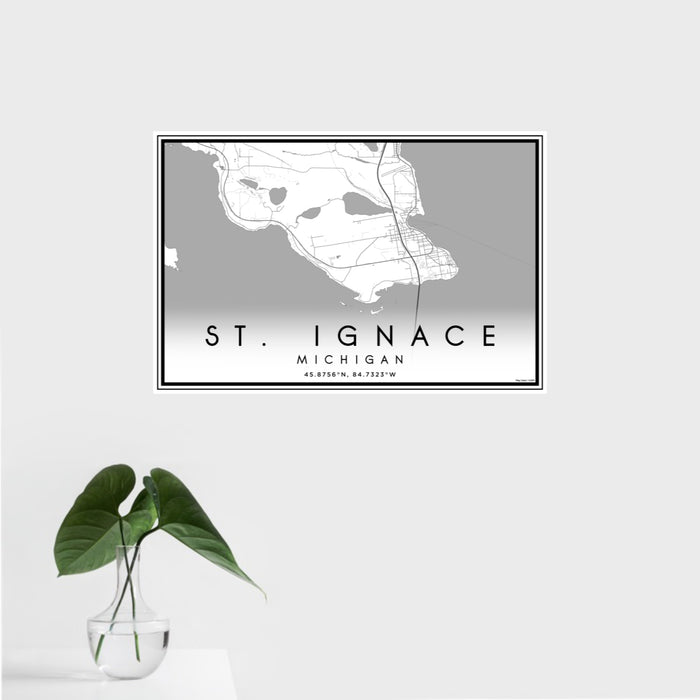16x24 St. Ignace Michigan Map Print Landscape Orientation in Classic Style With Tropical Plant Leaves in Water