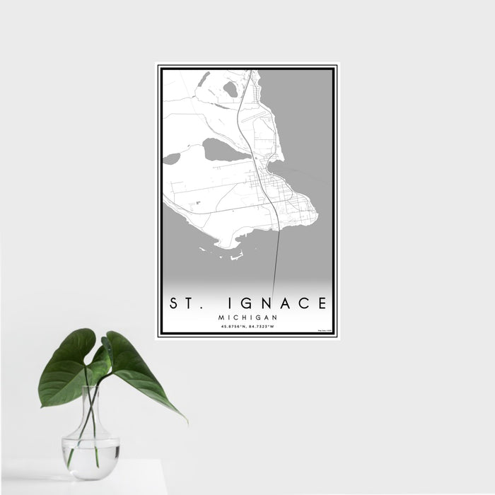 16x24 St. Ignace Michigan Map Print Portrait Orientation in Classic Style With Tropical Plant Leaves in Water