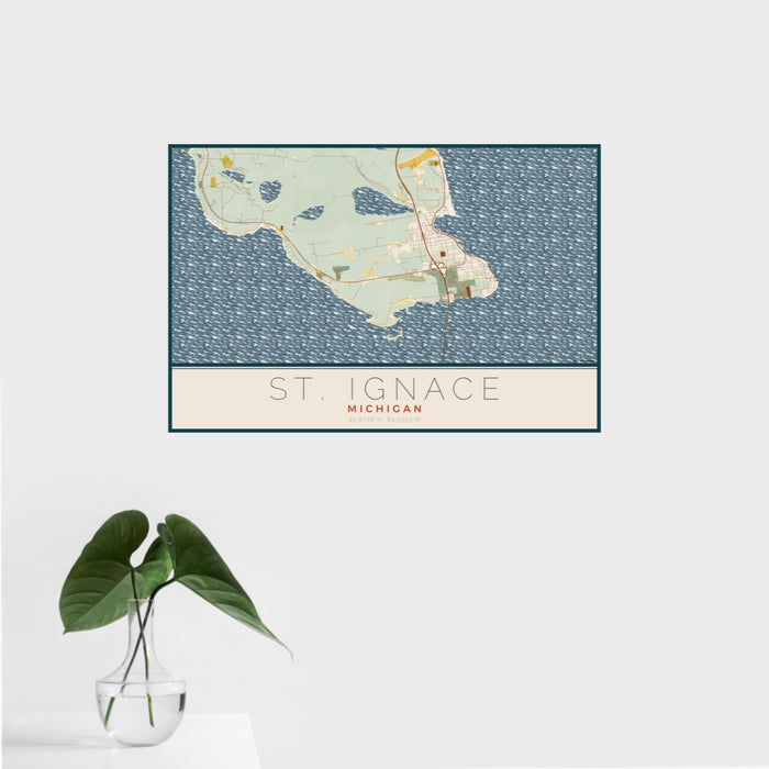 16x24 St. Ignace Michigan Map Print Landscape Orientation in Woodblock Style With Tropical Plant Leaves in Water