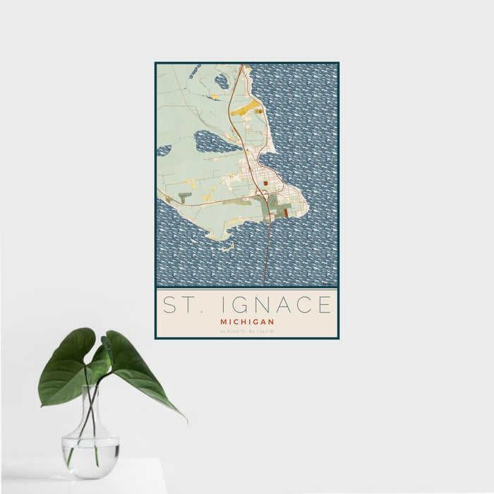 16x24 St. Ignace Michigan Map Print Portrait Orientation in Woodblock Style With Tropical Plant Leaves in Water