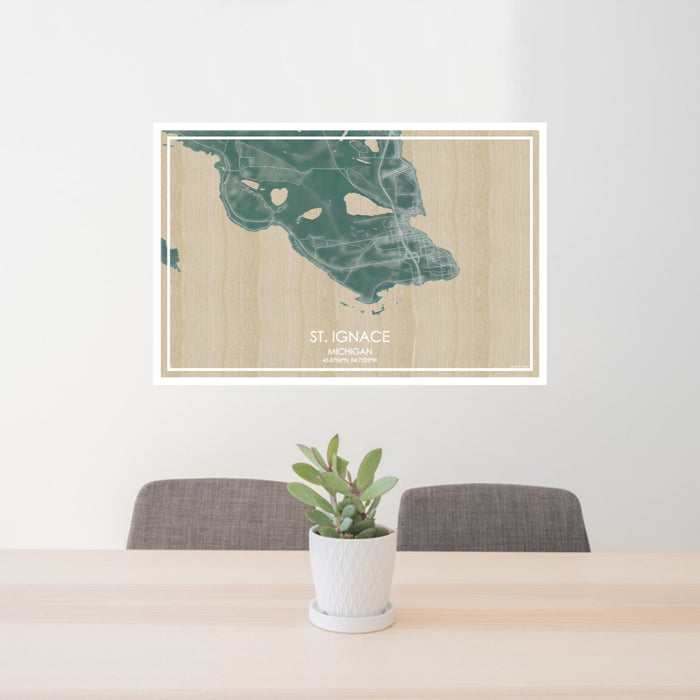 24x36 St. Ignace Michigan Map Print Lanscape Orientation in Afternoon Style Behind 2 Chairs Table and Potted Plant