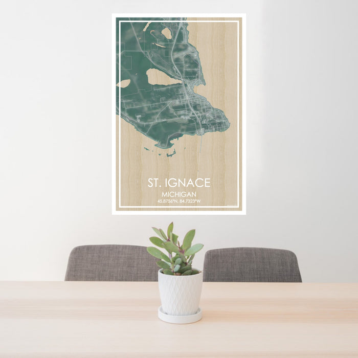 24x36 St. Ignace Michigan Map Print Portrait Orientation in Afternoon Style Behind 2 Chairs Table and Potted Plant