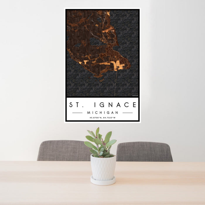 24x36 St. Ignace Michigan Map Print Portrait Orientation in Ember Style Behind 2 Chairs Table and Potted Plant
