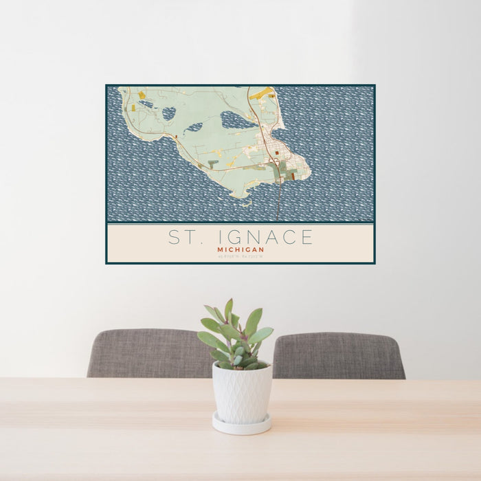 24x36 St. Ignace Michigan Map Print Lanscape Orientation in Woodblock Style Behind 2 Chairs Table and Potted Plant