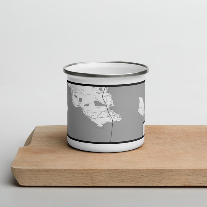Front View Custom St. Ignace Michigan Map Enamel Mug in Classic on Cutting Board
