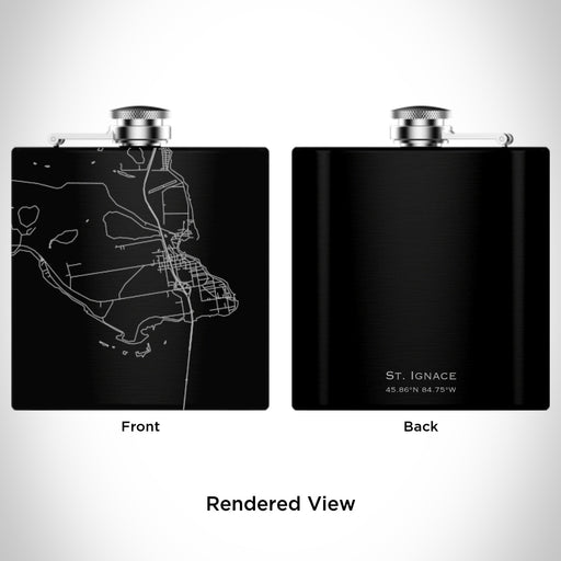 Rendered View of St. Ignace Michigan Map Engraving on 6oz Stainless Steel Flask in Black