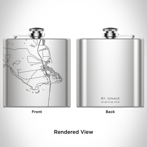 Rendered View of St. Ignace Michigan Map Engraving on 6oz Stainless Steel Flask