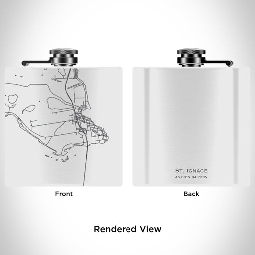 Rendered View of St. Ignace Michigan Map Engraving on 6oz Stainless Steel Flask in White