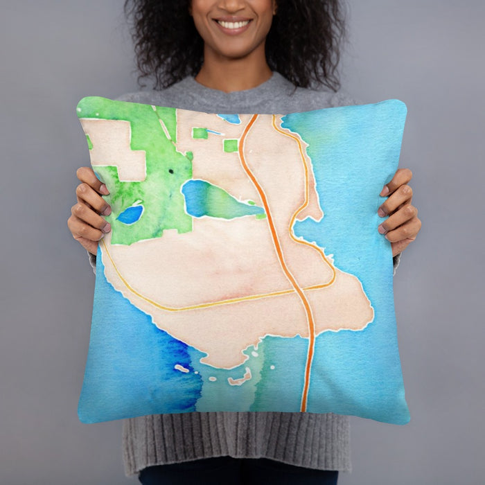 Person holding 18x18 Custom St. Ignace Michigan Map Throw Pillow in Watercolor