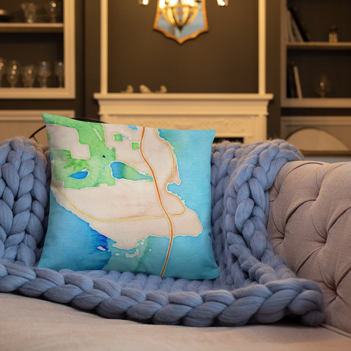 Custom St. Ignace Michigan Map Throw Pillow in Watercolor on Cream Colored Couch